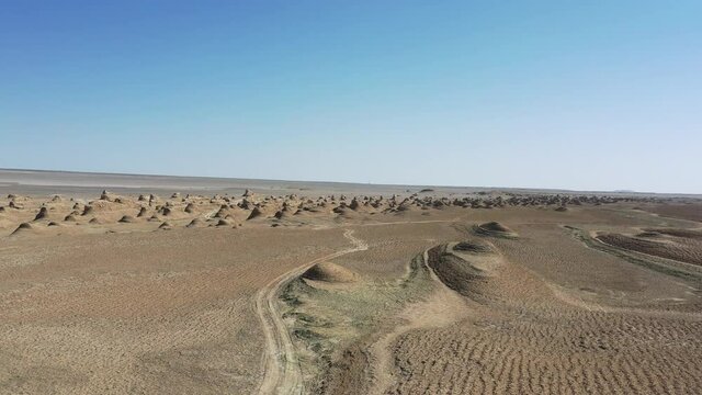 aerial video of the wind erosion physiognomy landscape, yardang landform in tsaidam basin, qinghai province, China.
