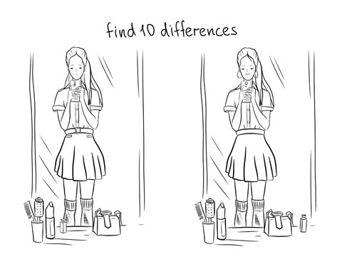 A girl in front of a mirror in a shirt and skirt makes a selfie, photo near the mirror, fashion illustration, puzzle find the ten differences, linear drawing