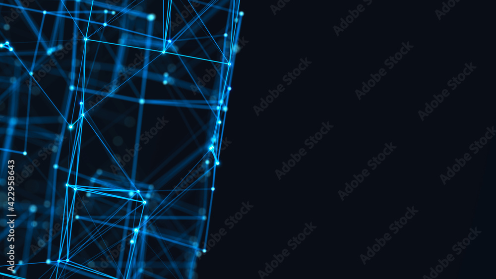 Fototapete 3d cube of lines and dots. wireframe polygonal element on dark background. science and technology. 3