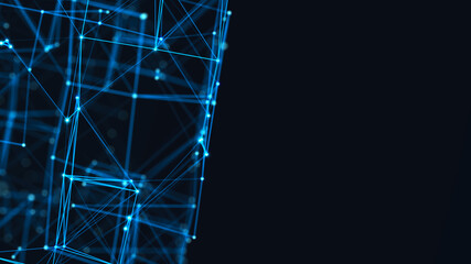 3D cube of lines and dots. Wireframe polygonal element on dark background. Science and technology. 3d rendering