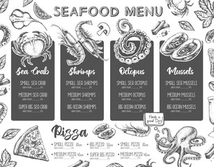 Restaurant seafood menu design. Decorative sketch of seafood. Fast food menu