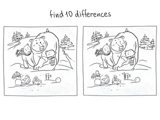 Polar bear family on winter walk, cartoon character, winter outdoor games, illustration for children, puzzle find the ten differences