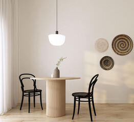 home interior dining room with wood chair and wood table,vase with flowers,rattan