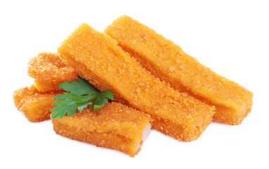 Fresh breaded fish fingers with parsley on white background