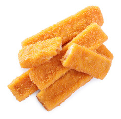 Fresh breaded fish fingers on white background, top view