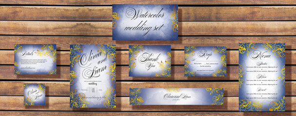 watercolor wedding set for printing in soft blue tones with golden roses. It includes: invite 5x7 inches + area bleed 3мм