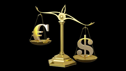 Golden euro and dollar signs 3D render