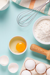 Baking or cooking background. Ingredients, kitchen items for baking.