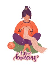 Cute girl is knitting a scarf sitting on the floor on the rug. Vector isolated colorful illustration in flat style with texture.