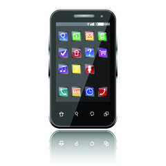 Mobile smartphone with touchscreen and colorful apps . 3d image