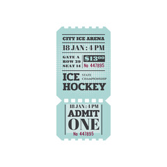 Ice hockey ticket , admit one on rink arena with cutting line isolated mockup. Vector winter sport event at ice arena, date, gate and seat mention. State championship tournament, puck game
