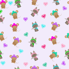 seamless pattern with cartoon mice and cats, packaging, textiles, children's