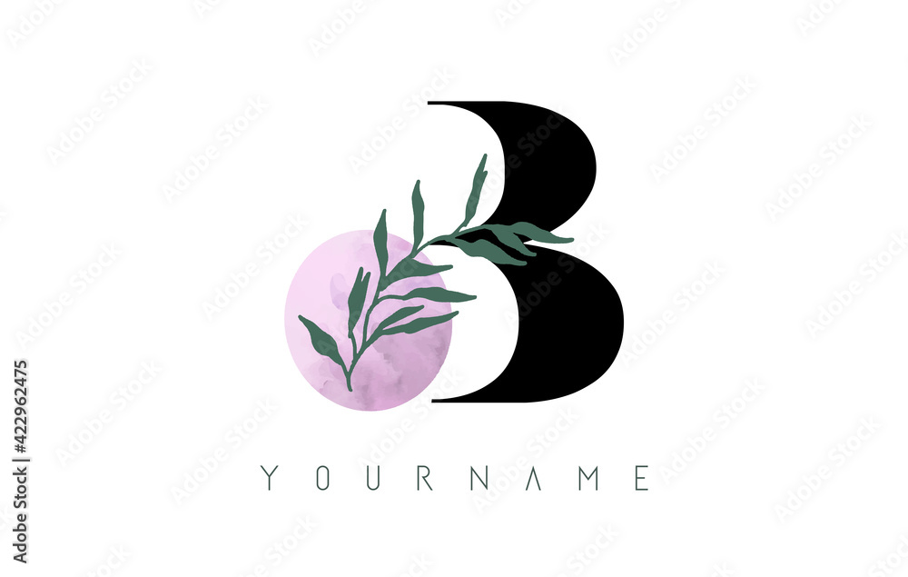 Wall mural b letter logo design with pink circle and green leaves. vector illustration with with botanical elem