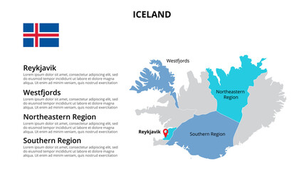 Iceland vector map infographic template divided by countries. Slide presentation