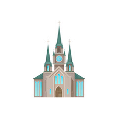 Catholic church building vector icon. Cathedral, monastery or chapel facade with cross on tower. Christian church architecture, evangelic religious exterior isolated cartoon symbol