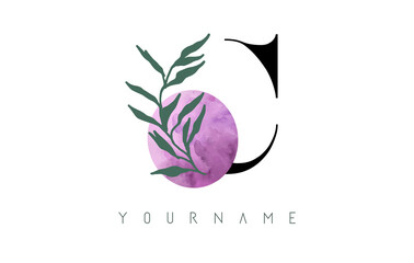 C Letter logo design with pink circle and green leaves. Vector Illustration with with Botanical elements. Nature vector template design concept with C letter.