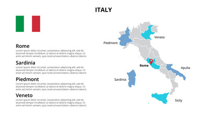 Italy vector map infographic template divided by countries. Slide presentation