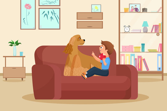 Boy kid with pet dog vector illustration. Cartoon funny child and doggy friend animal sitting together on sofa couch in living room home apartment interior, happy love friendship with pet background