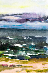 Watercolor Sketch with picturesque landscape of blue seashore and clouds, painted on paper. Raw colorful abstract aquarelle painting. Contemporary fine art.