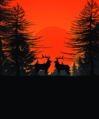Deer pair in jungle Silhouette beautiful vector illustration.