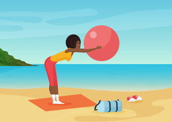 African american woman doing training fitness exercises with ball on the sea beach vector illustration