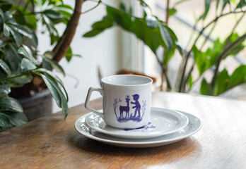 Vintage porcelain breakfast set - two plate and a cup with shadow scape on a wooden table with plants