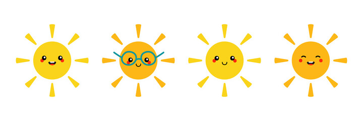 Set, collection of cute smiling cartoon style yellow and orange shining sun characters for summer, weather design.