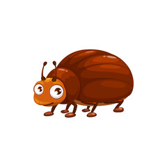 Cartoon bug vector icon, funny insect with cute face and big eyes. Pest control service mascot, design element. Wild creature, brown bug isolated on white background