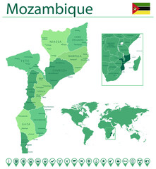 Mozambique detailed map and flag. Mozambique on world map.