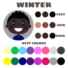 Stock vector color guide. Eyes, skin, hair color. Seasonal color analysis palette with best colors for winter type of children appearance. Face of little boy