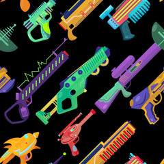vector seamless pattern with blasters. beautiful conceptual illustration of children's toys. print for boys. futuristic weapons template.
