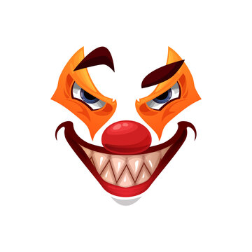Scary clown face vector icon, Halloween creepy smile funster character. Emoticon mask with orange makeup, red nose, angry eyes and sharp glossy teeth, isolated horror creature emoji