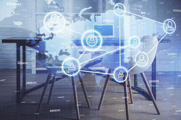 Double exposure of social network theme drawing and office interior background. Concept of web.