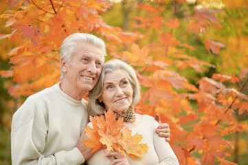 portrait of beautiful happy senior couple with autumn leaves