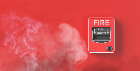 Fire protection switch	on red background. 3D rendering.