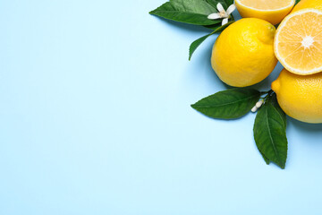 Many fresh ripe lemons with green leaves and flower on light blue background, flat lay. Space for text