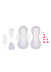 Set of feminine hygiene products. Menstural cup, tampon, pad. Absorption drops. Blood. Vector illustration. Isolated