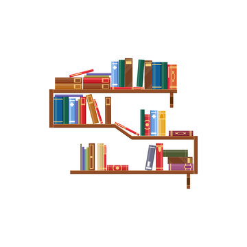 Bookshelf with books isolated bookcase with rack of textbooks. Vector library shelves, wooden bookshelves in bookstore or bookshop. Piles of standing dictionaries, encyclopedias and retro literature