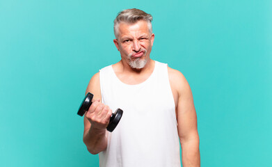 senior athlete man looking puzzled and confused, biting lip with a nervous gesture, not knowing the...