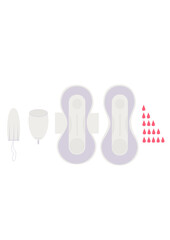 Set of feminine hygiene products. For comfort. Menstural cup, tampon, pad. Absorption drops. Blood. Vector illustration. Isolated