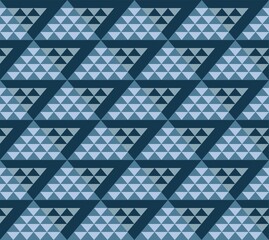 Triangles, seamless pattern, blue, color. Gray and blue triangles on a blue field. Geometric pattern. Color, flat print. Vector.  