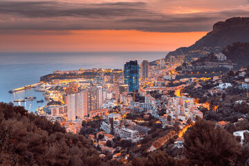 Evening view of Montecarlo, Monaco, Cote d'Azur, Europe