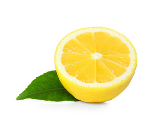 Fresh ripe lemon half with leaf on white background