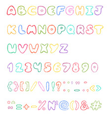 Chalk font. Crayons alphabet set. Hand drawn wax crayons font on white background. Isolated chalk abc, numbers. Children drawing style color letters collection. Chalk numbers, crayon signs collection.