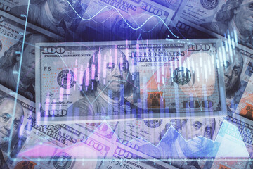 Fototapeta premium Multi exposure of forex chart drawing over us dollars bill background. Concept of financial success markets.