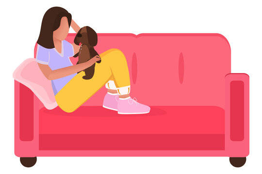 A girl with a puppy is sitting on the couch. A cartoon character plays with an animal. Can be used to create web collages. Vector. Flat illustration. Fashionable style.