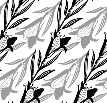 Black Simple Lily Pattern. Seamless Black White Flower Pattern. Vector Illustration