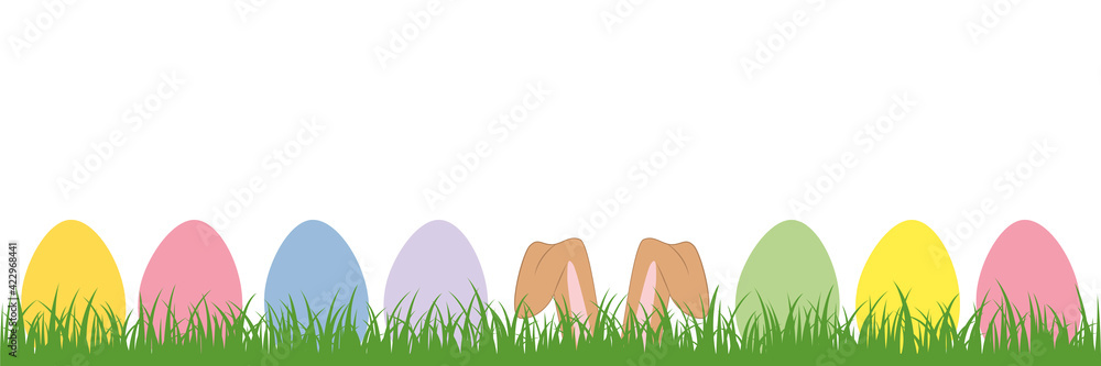 Wall mural hare ears in the meadow between colorful Easter eggs