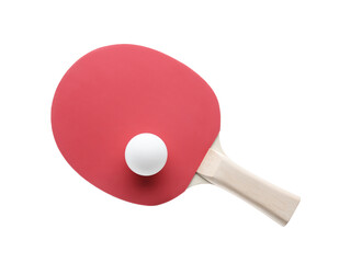 Ping pong racket and ball isolated on white, top view