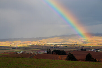 秋の剣淵の丘にかかる虹
